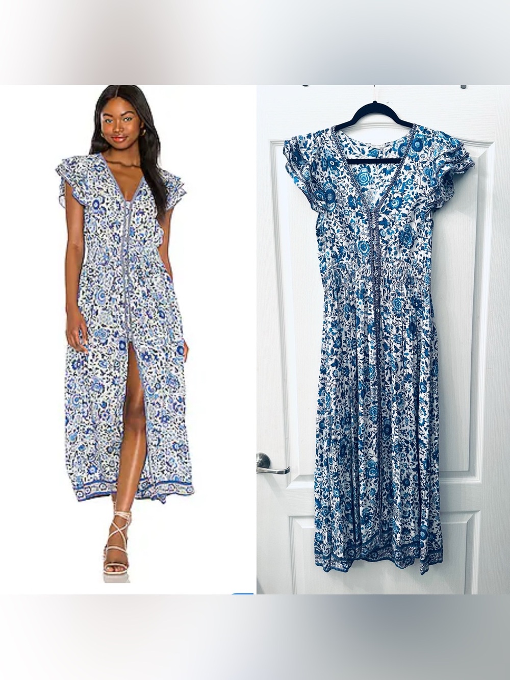 Poupette St. Barth Blue and White Floral Maxi Dress with V-Neck M